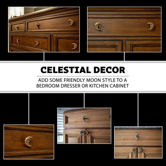 Set of 6 Gold Cast Iron Crescent Moon Face Drawer Pulls Decorative Cabinet Knobs - Picture 3 of 12